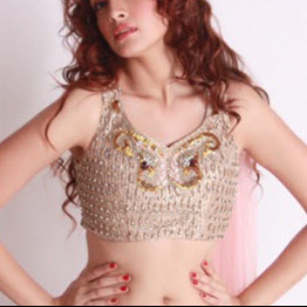 Embellished Beige Crop Skirt Top with Metallic Accents